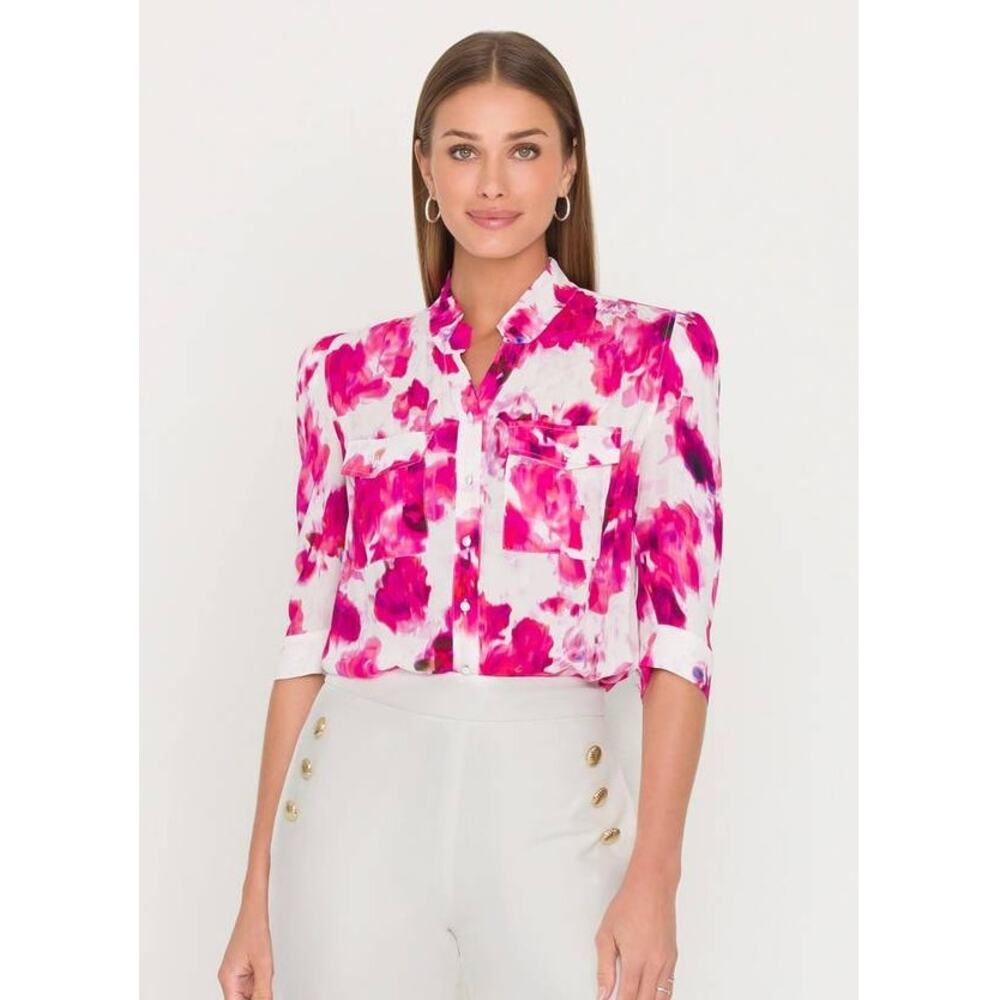 GENERATION LOVE Bardot Floral Button Front Shirt Blurry Floral Pink L NWT Chic